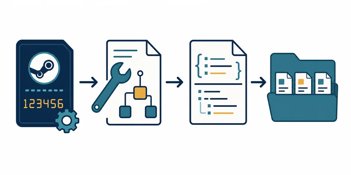 Editorial flow from a Steam AppID through a generator to an ACF file and library folder