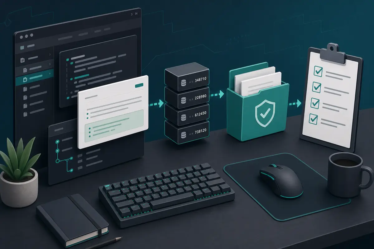 Editorial illustration of a DepotDownloader GitHub workflow with repository checks Steam depot IDs and a safe download folder