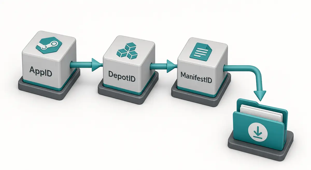Conceptual flow showing AppID DepotID and ManifestID feeding a separate Steam depot download folder