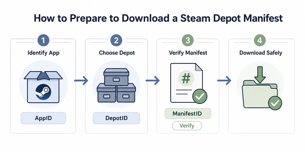 Step flow for identifying AppID choosing DepotID verifying ManifestID and downloading safely