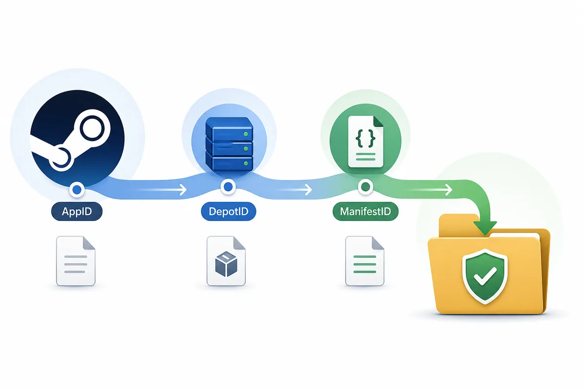 Editorial diagram showing AppID DepotID and ManifestID flowing into a safe Steam manifest download folder