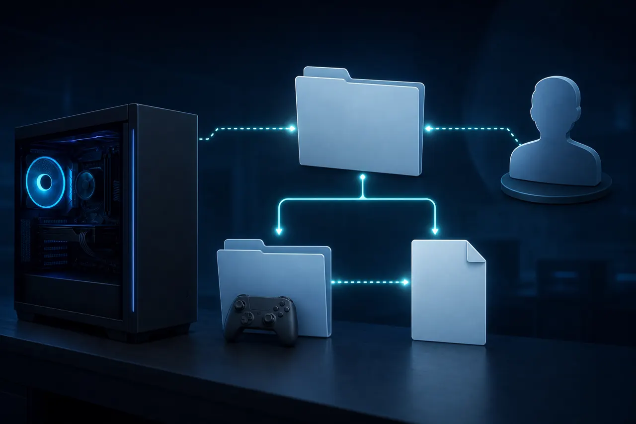 Editorial concept showing a PC game library folder connected to a configuration document and installed game files