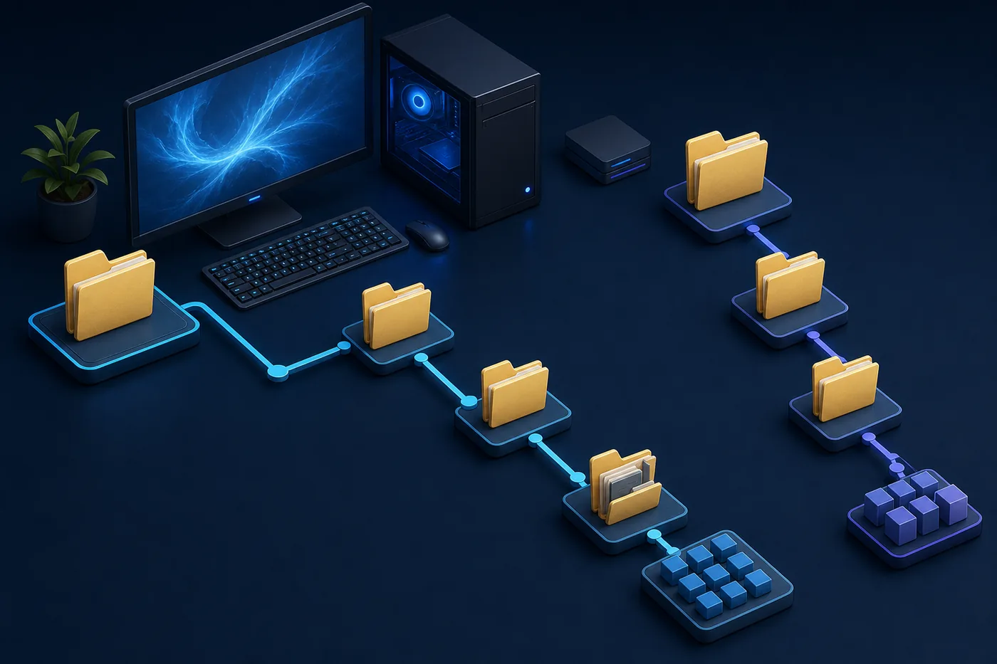 Editorial illustration of Steam depot downloads branching into separate output folders