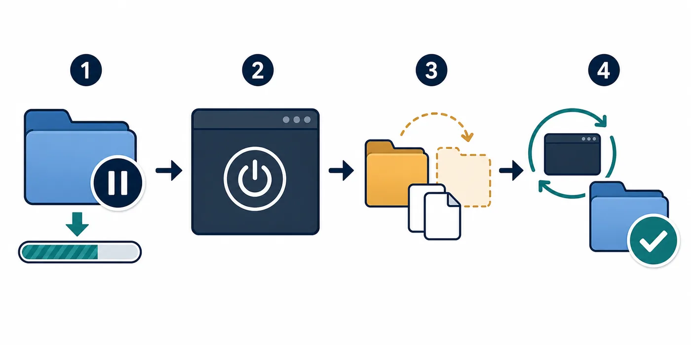 Four-step editorial diagram for pausing downloads, closing Steam, backing up depotcache and restarting