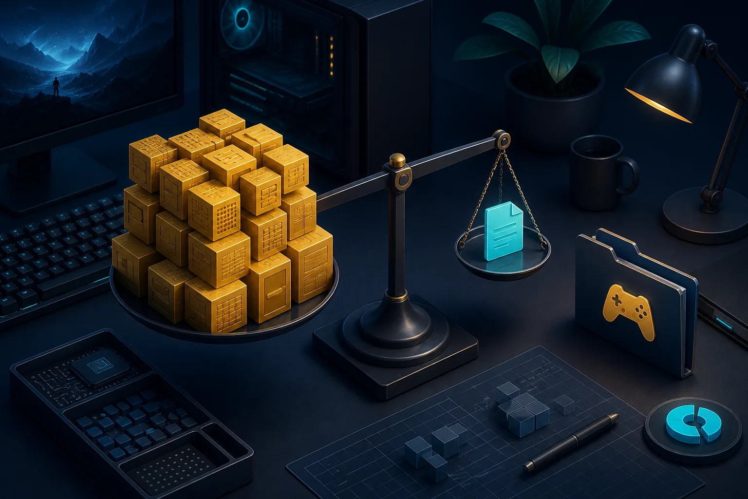Text-free editorial illustration contrasting large game data blocks with a small metadata document on a gaming PC desk