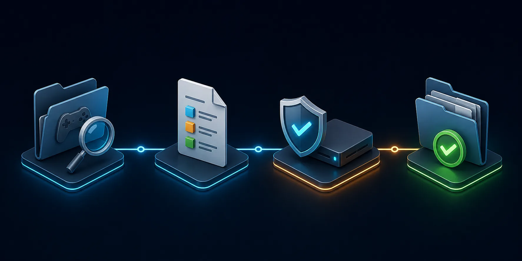 Text-free four-stage illustration for identifying, checking, backing up, and validating Steam manifest-related files