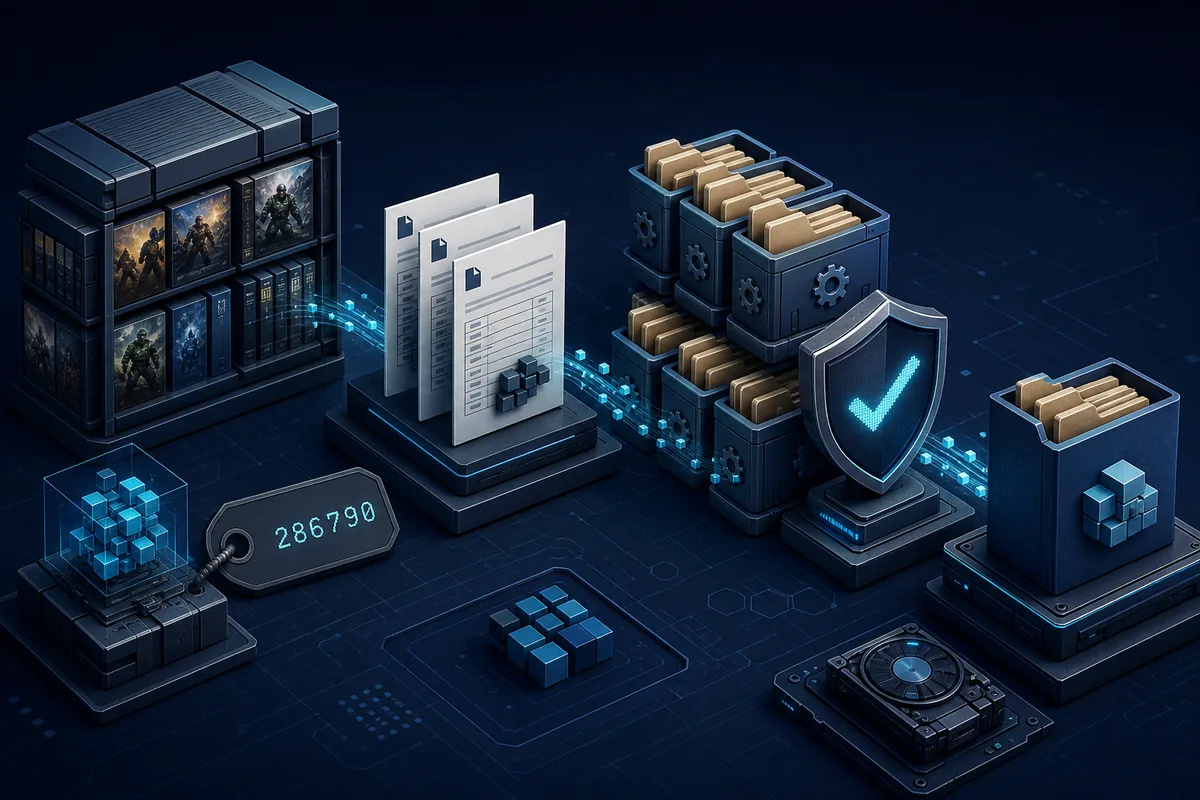 Concept illustration of AppID, depot manifest files, package folders, and a verification shield