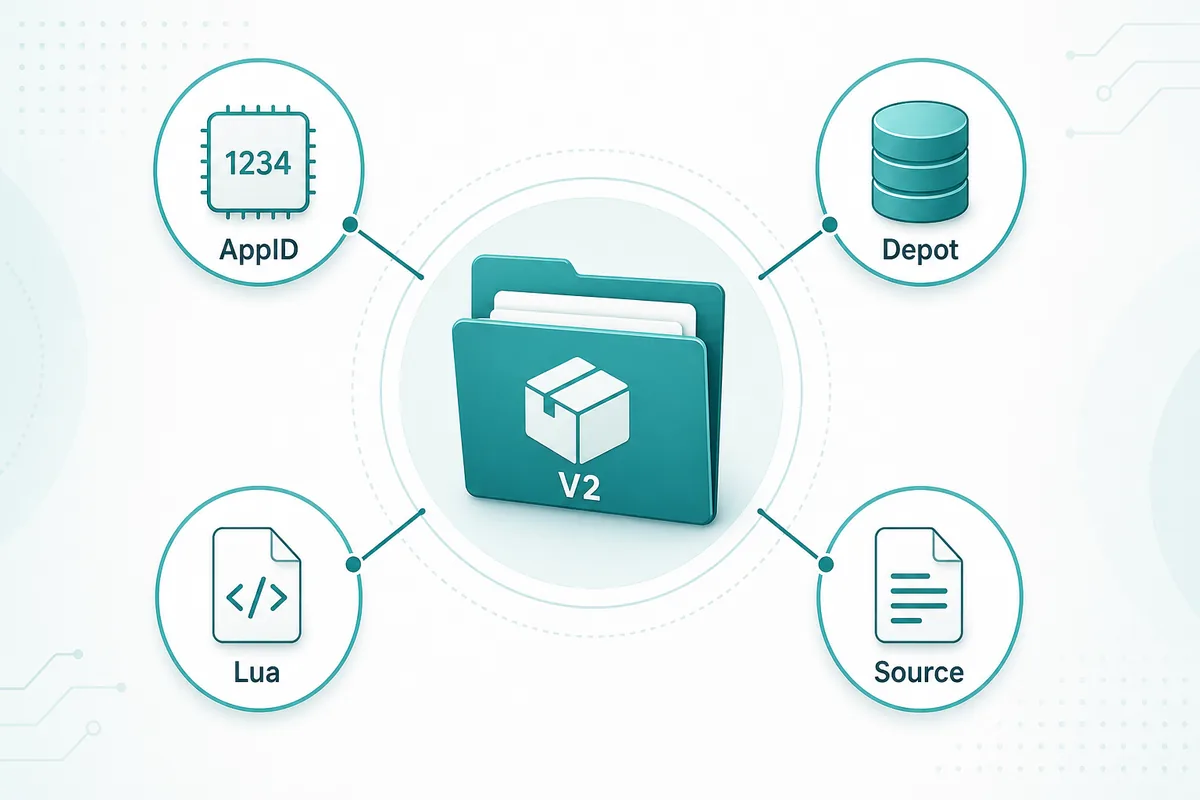 Editorial diagram showing a Steam Manifest V2 package with AppID, depot manifest, Lua script, and verification checkpoints