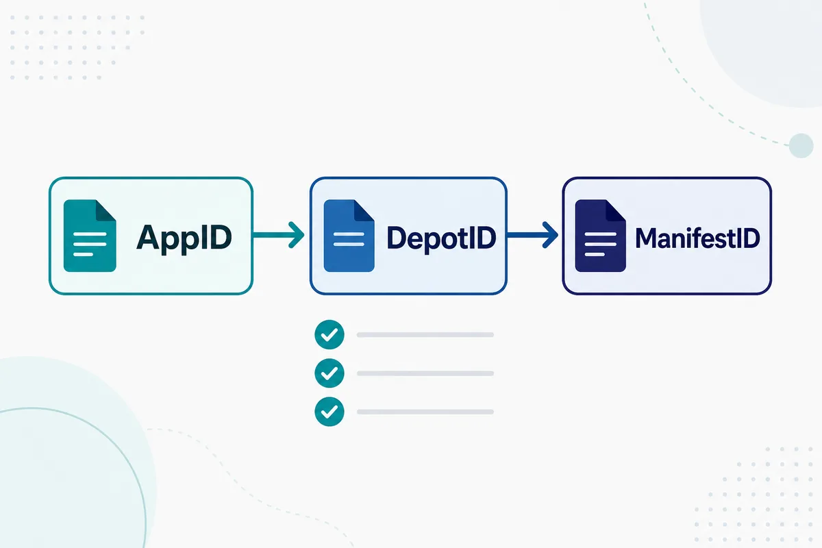 Editorial diagram showing AppID, DepotID, and ManifestID relationships for SteamDB manifest checks