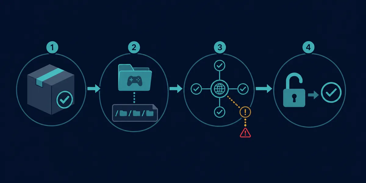 Four-stage editorial diagnostic flow for SteamTools release, library, network, and permission checks