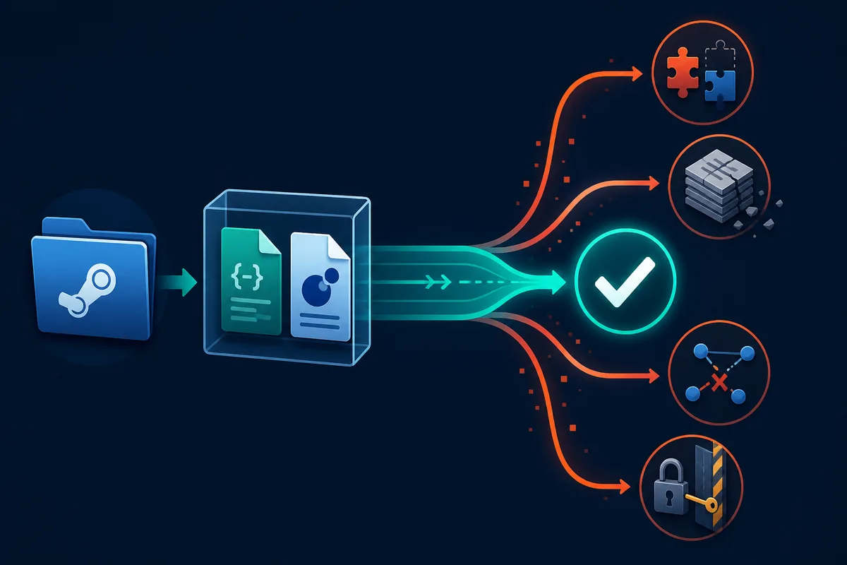 Editorial troubleshooting path from Steam game files to a verified SteamTools result