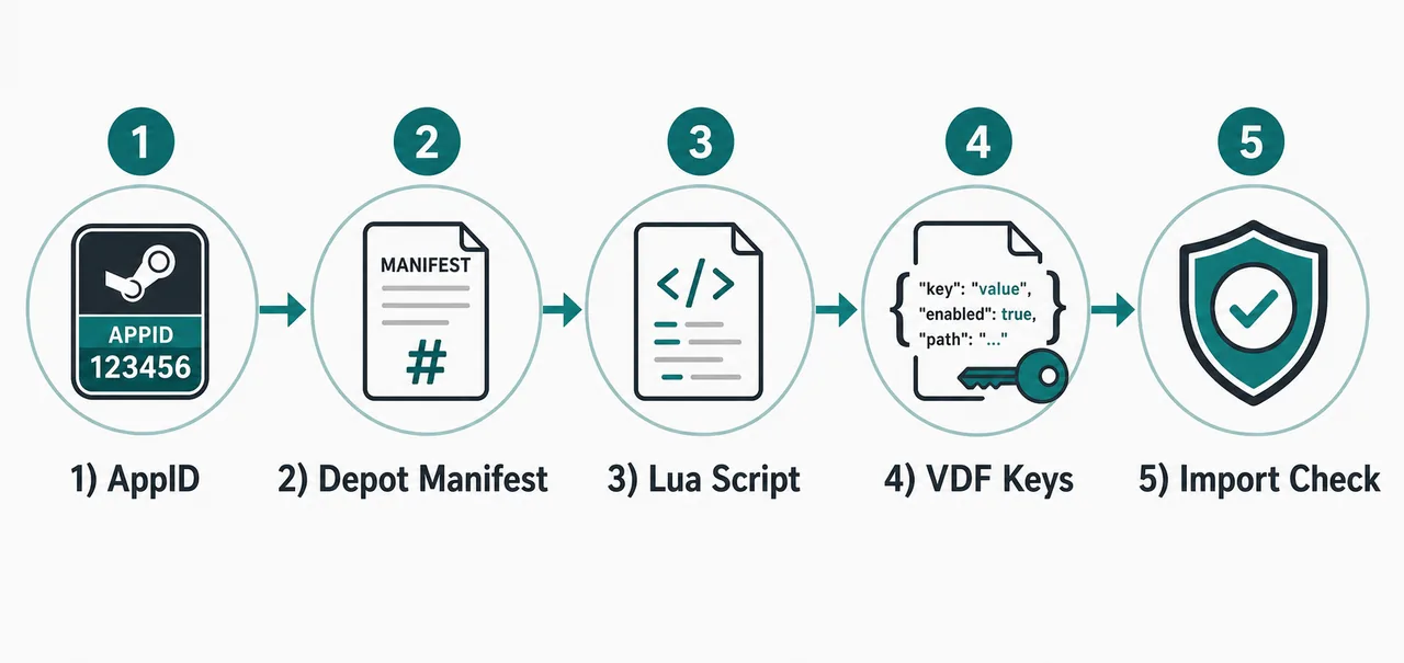 Gráfico editorial del flujo AppID, manifest de depot, script Lua, claves VDF y comprobación de importación para SteamTools